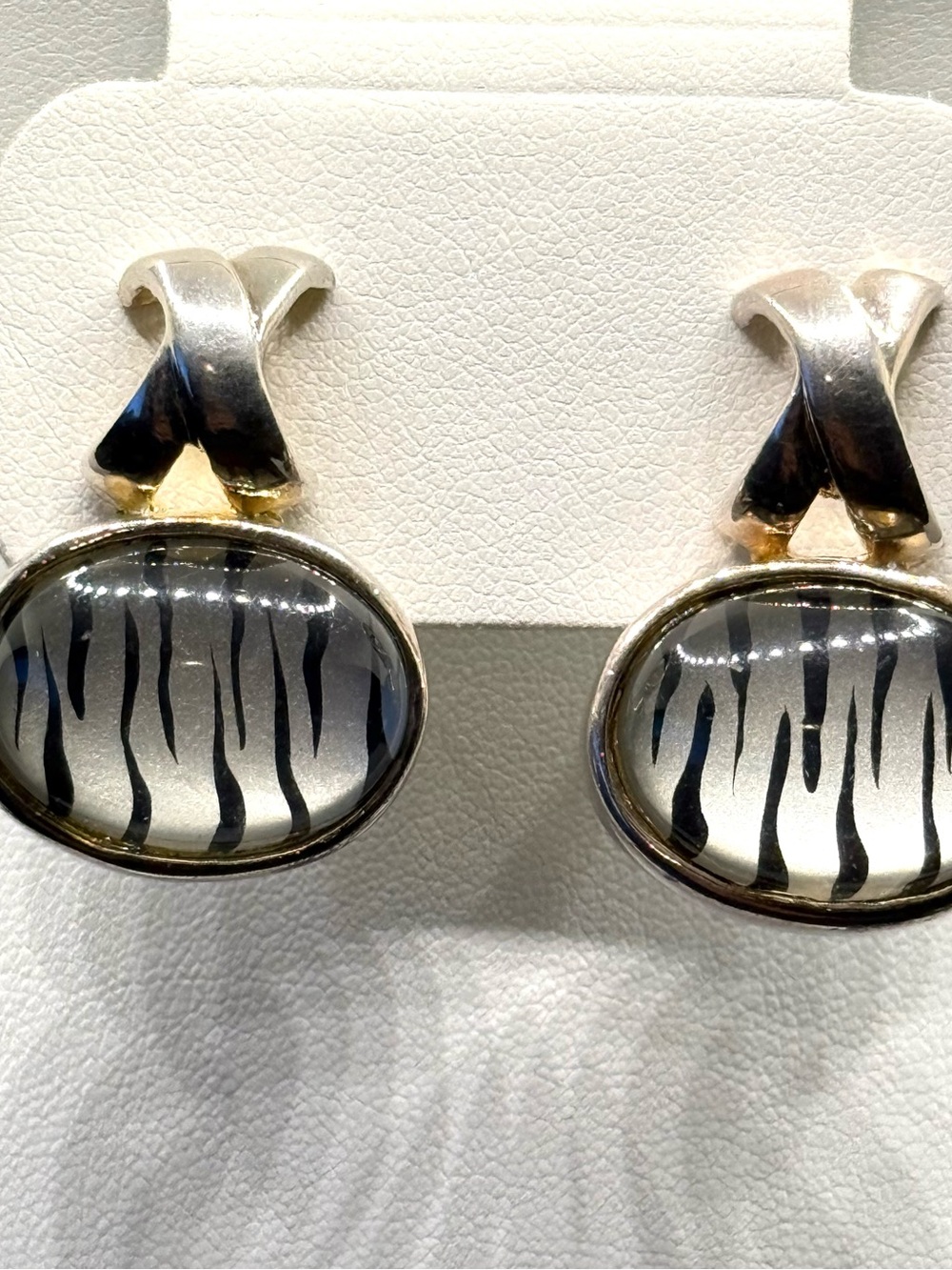 New Sterling Silver Black Zebra Print Oval Drop Earrings